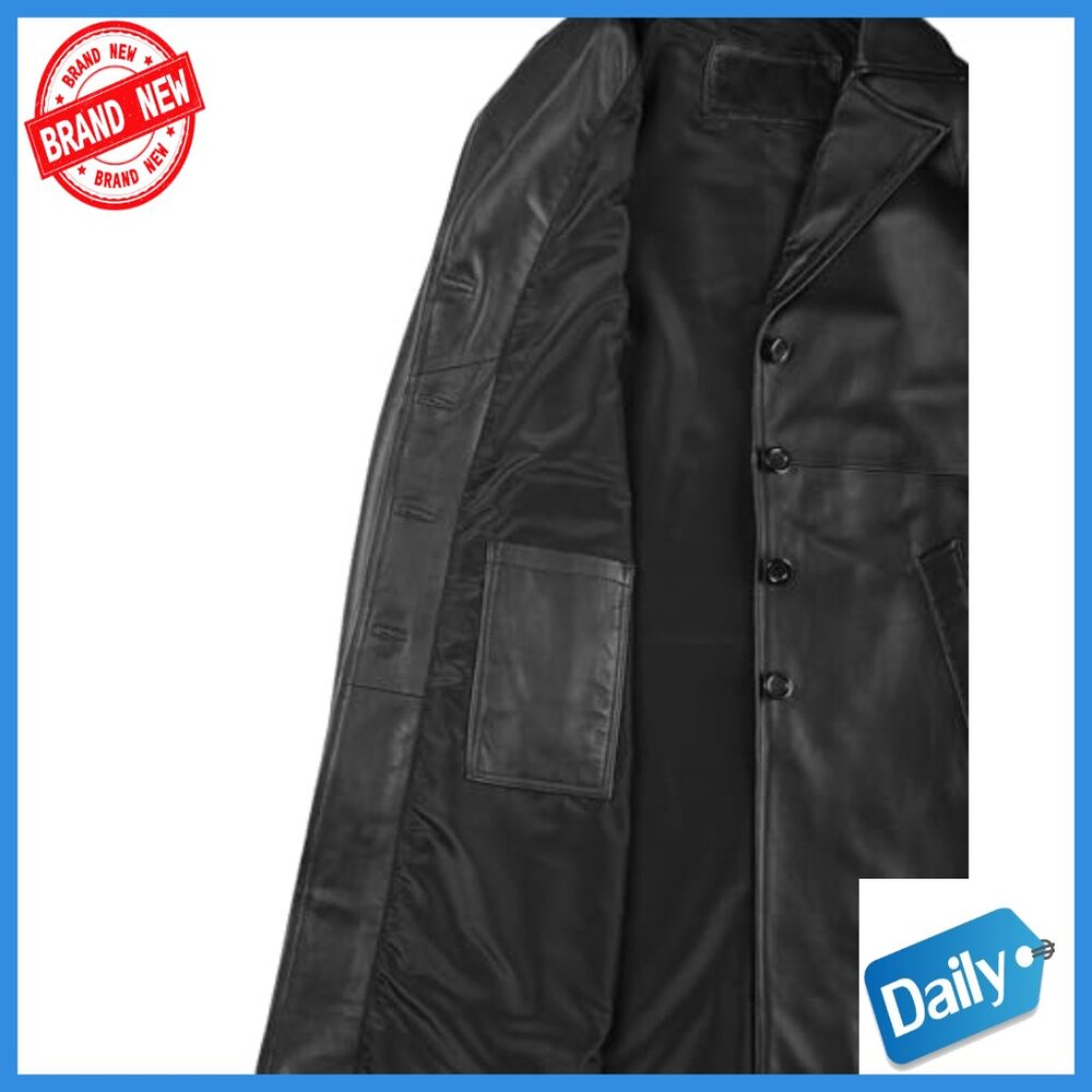 Real Lambskin Leather Car Coat Long Trench Style Button Closure Pockets - Picture 5 of 6